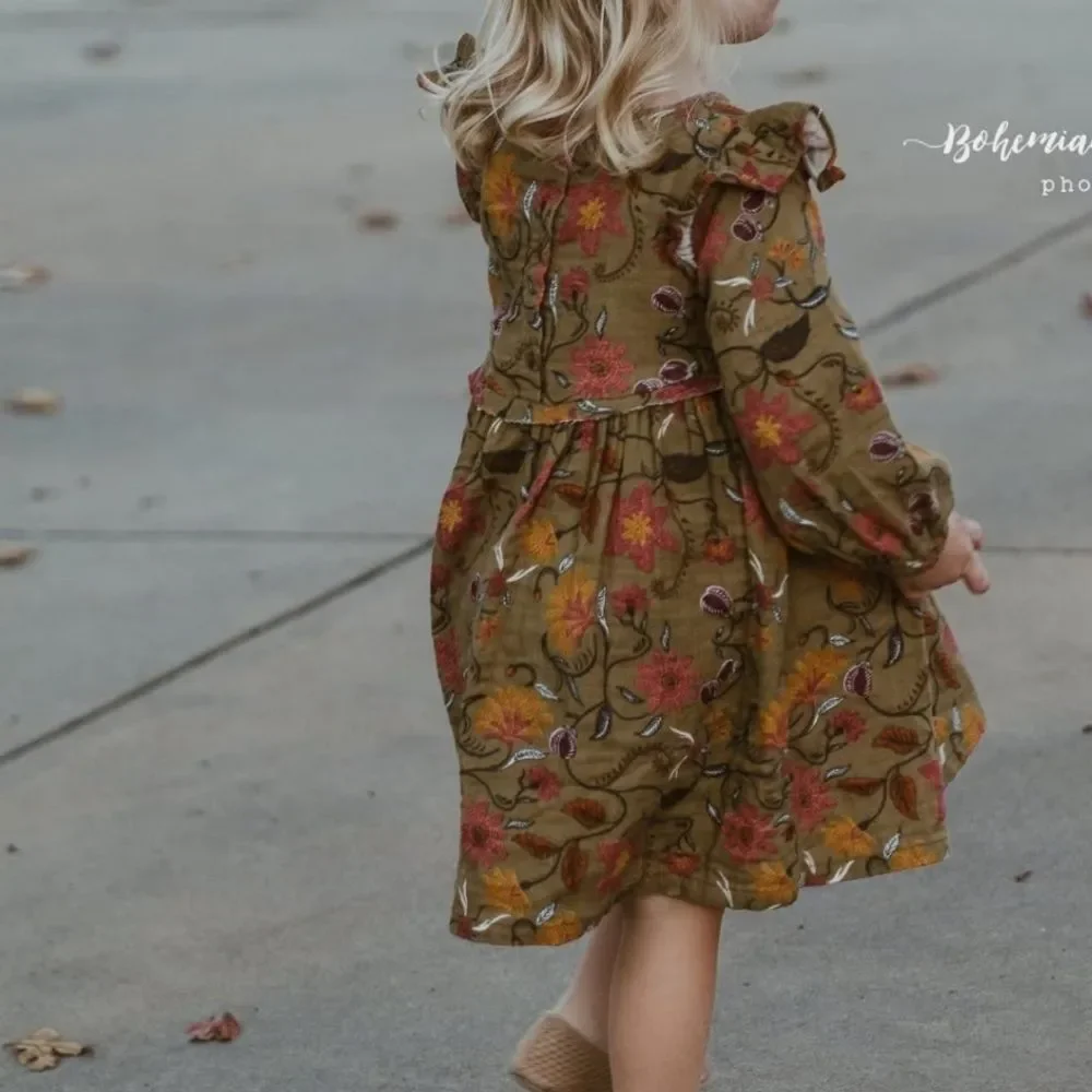 Art Class Floral Dress in Olive Green Fall Colors Paisley Print 3T Toddler Girl